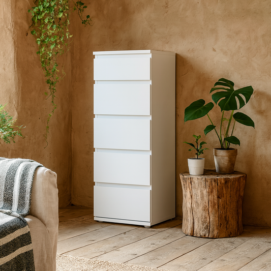 Copenhagen White Narrow Chest 5 Drawers