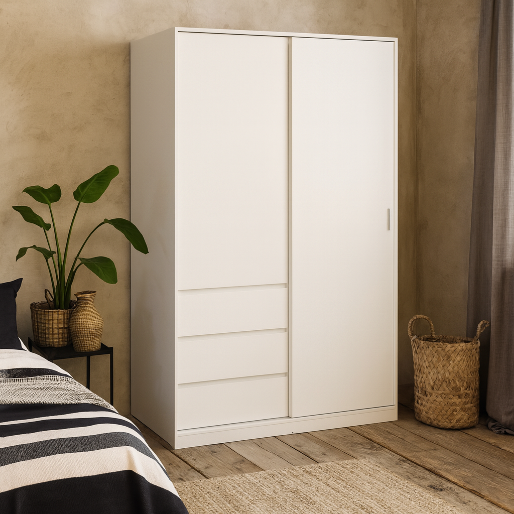 Budapest White Wooden Wardrobe 2 Doors 3 Drawers