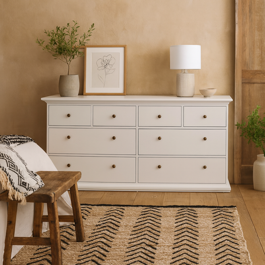 Osaka Farmhouse Wide White Wooden Chest 8 Drawers