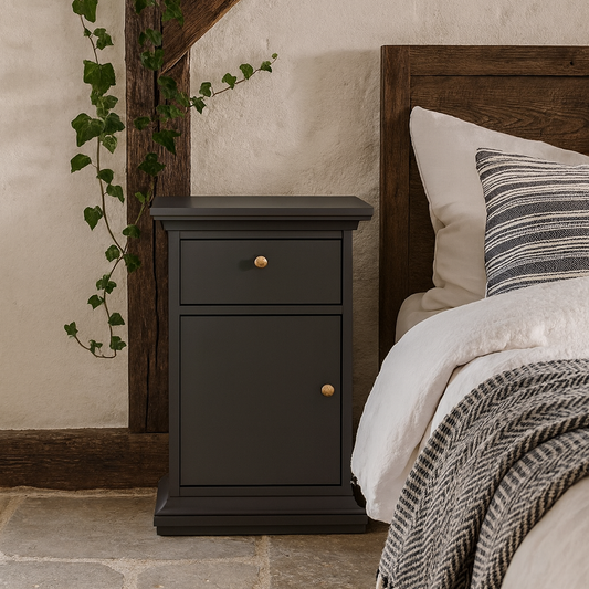 Osaka Farmhouse Dark Grey Wooden Bedside Table 1 Door 1 Drawer