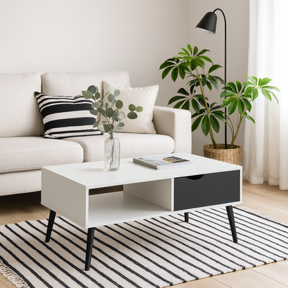 Sapporo White and Matt Black Coffee Table 1 Drawer 1 Shelf