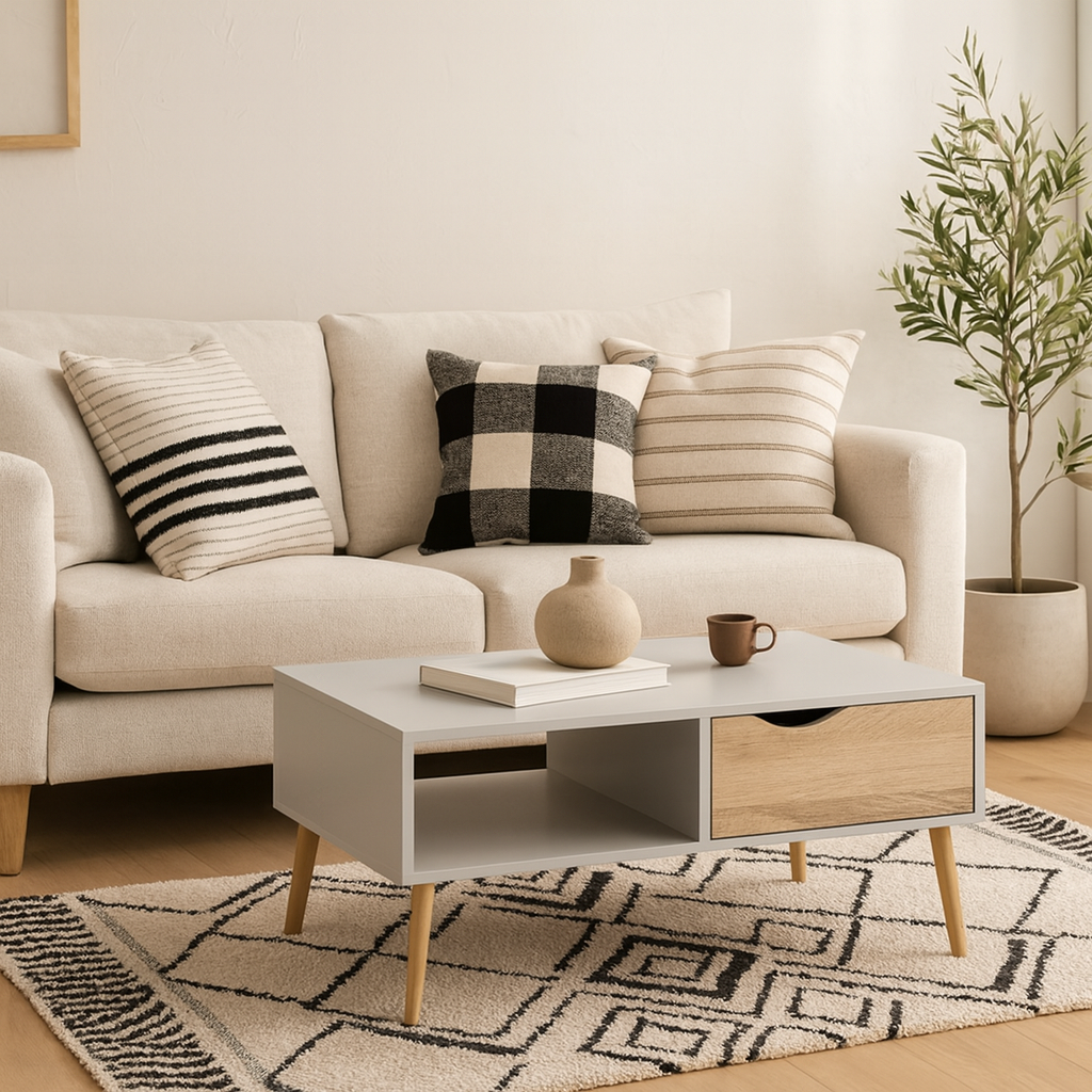 Sapporo White and Natural Oak Coffee Table 1 Drawer 1 Shelf