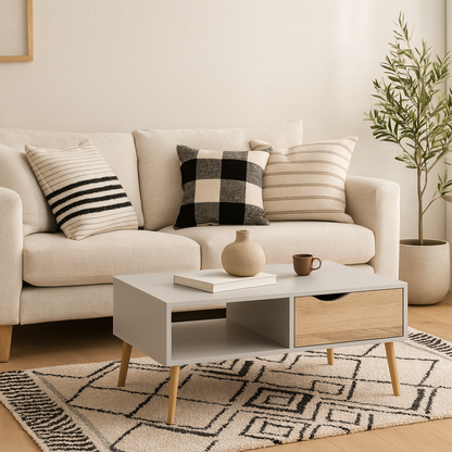 Sapporo White and Natural Oak Coffee Table 1 Drawer 1 Shelf