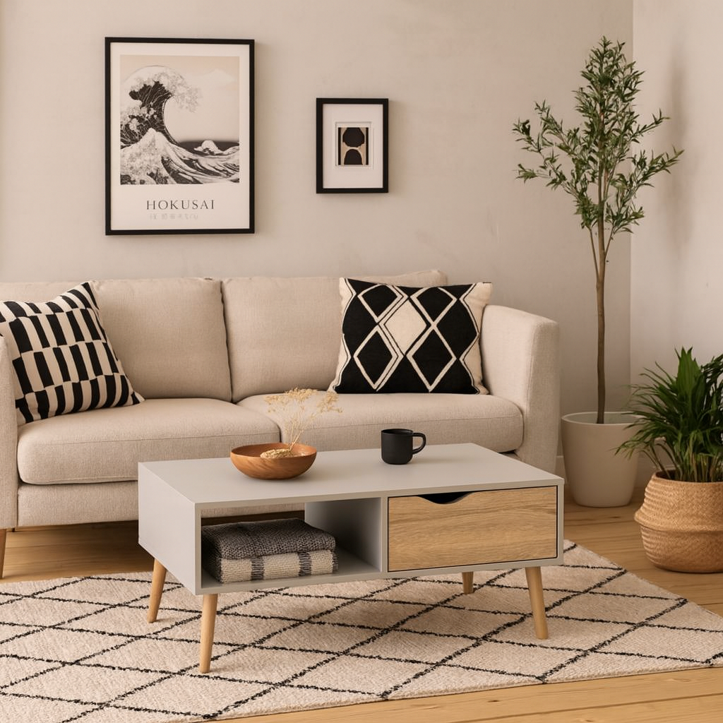 Sapporo White and Natural Oak Coffee Table 1 Drawer 1 Shelf