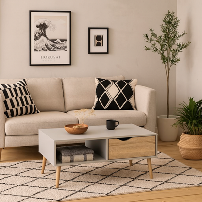 Sapporo White and Natural Oak Coffee Table 1 Drawer 1 Shelf