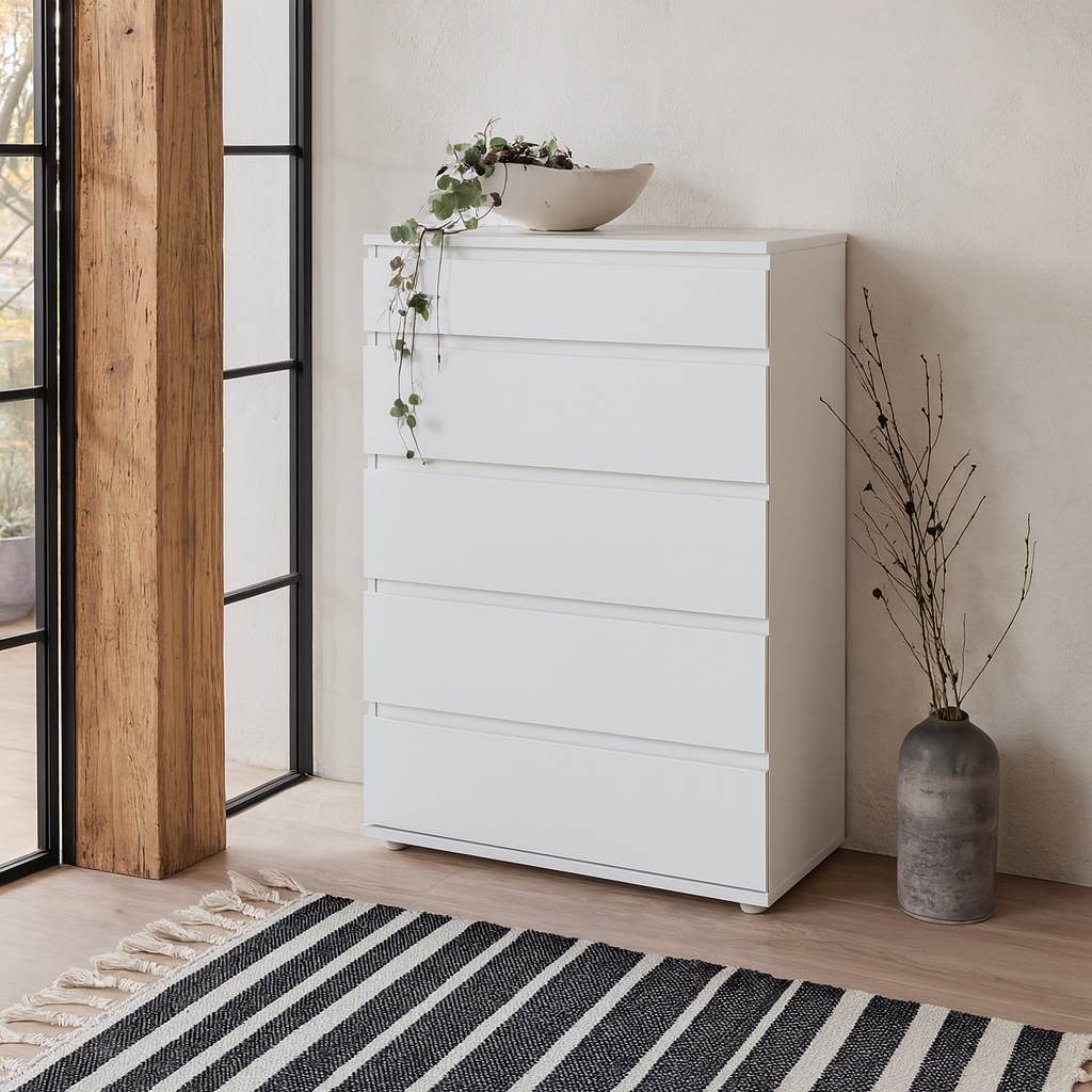 Copenhagen White Wooden Chest 5 Drawers