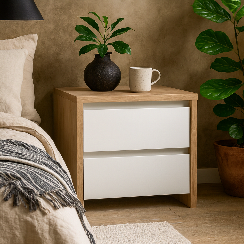 Salzburg White and Natural Oak Effect Bedside Table 2 Drawers