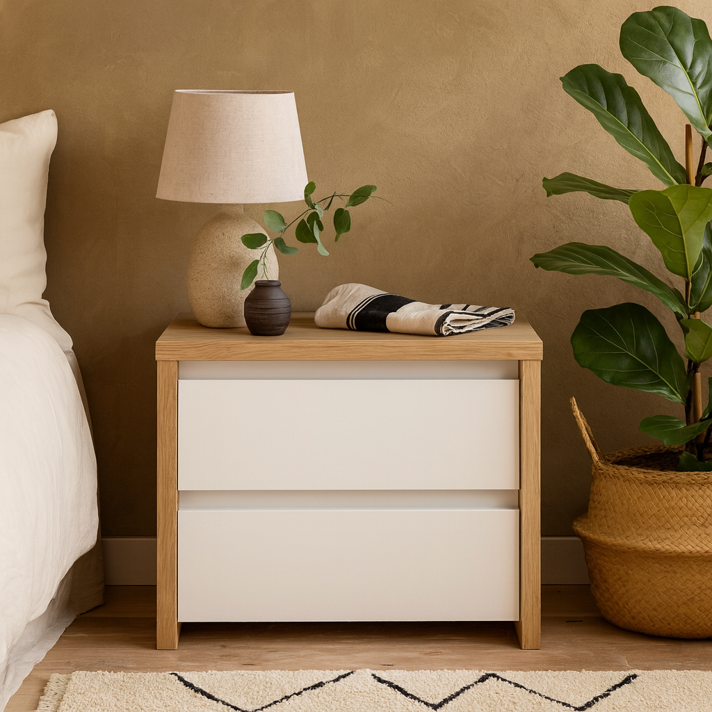 Salzburg White and Natural Oak Effect Bedside Table 2 Drawers