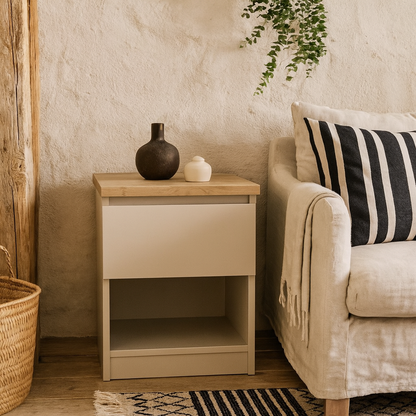 Budapest Crean and Natural Oak Effect Wooden Bedside Table 1 Drawer 1 Shelf