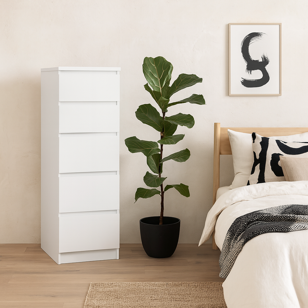 Budapest White Wooden Narrow Chest 5 Drawers