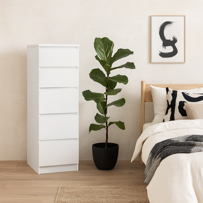 Budapest White Wooden Narrow Chest 5 Drawers