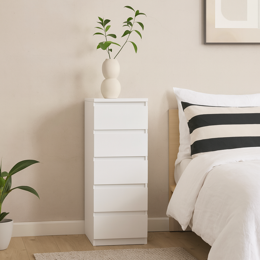 Budapest White Wooden Narrow Chest 5 Drawers