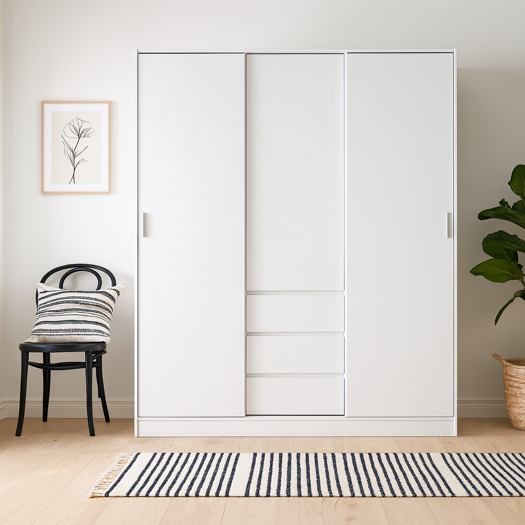 Budapest White Wooden Wardrobe 3 Doors 3 Drawers