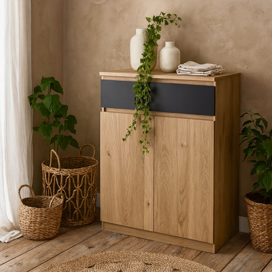 Budapest Natural Oak Effect Wood and Black Shoe Cabinet 2 Doors 1 Drawer