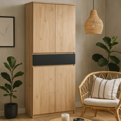 Budapest Black and Natural Oak Effect Wood Shoe Cabinet 4 Doors 1 Drawer