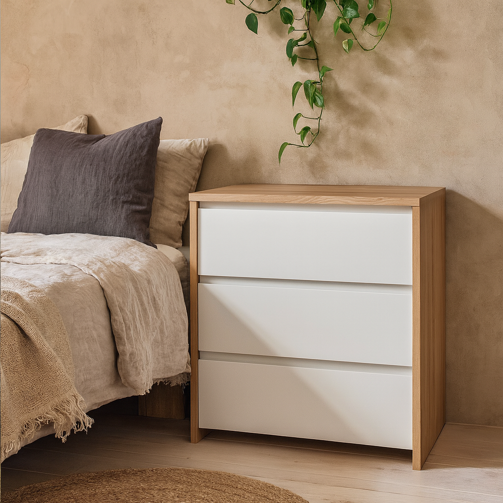 Salzburg White and Natural Oak Effect Wood Chest 3 Drawers