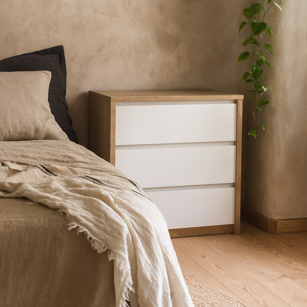 Salzburg White and Natural Oak Effect Wood Chest 3 Drawers