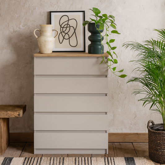 Budapest Cream and Natural Oak Effect Wood Chest 5 Drawers
