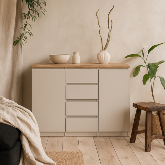 Budapest Cream and Natural Oak Effect Sideboard 2 Doors 4 Drawers