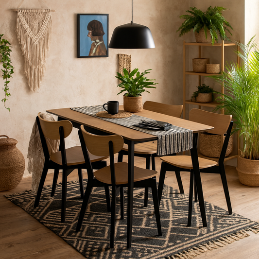Krakow Dining Set Natural Oak Effect and Black Rectangular Dining Table + 4 Dining Chairs