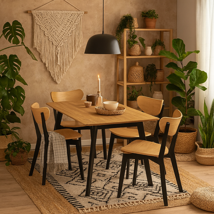 Krakow Dining Set Natural Oak Effect and Black Rectangular Dining Table + 4 Dining Chairs