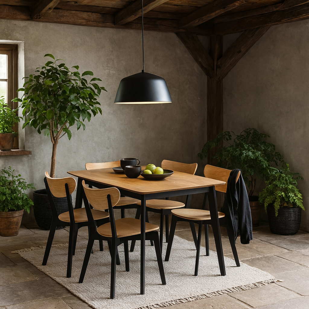 Krakow Dining Set Natural Oak Effect and Black Rectangular Dining Table + 4 Dining Chairs