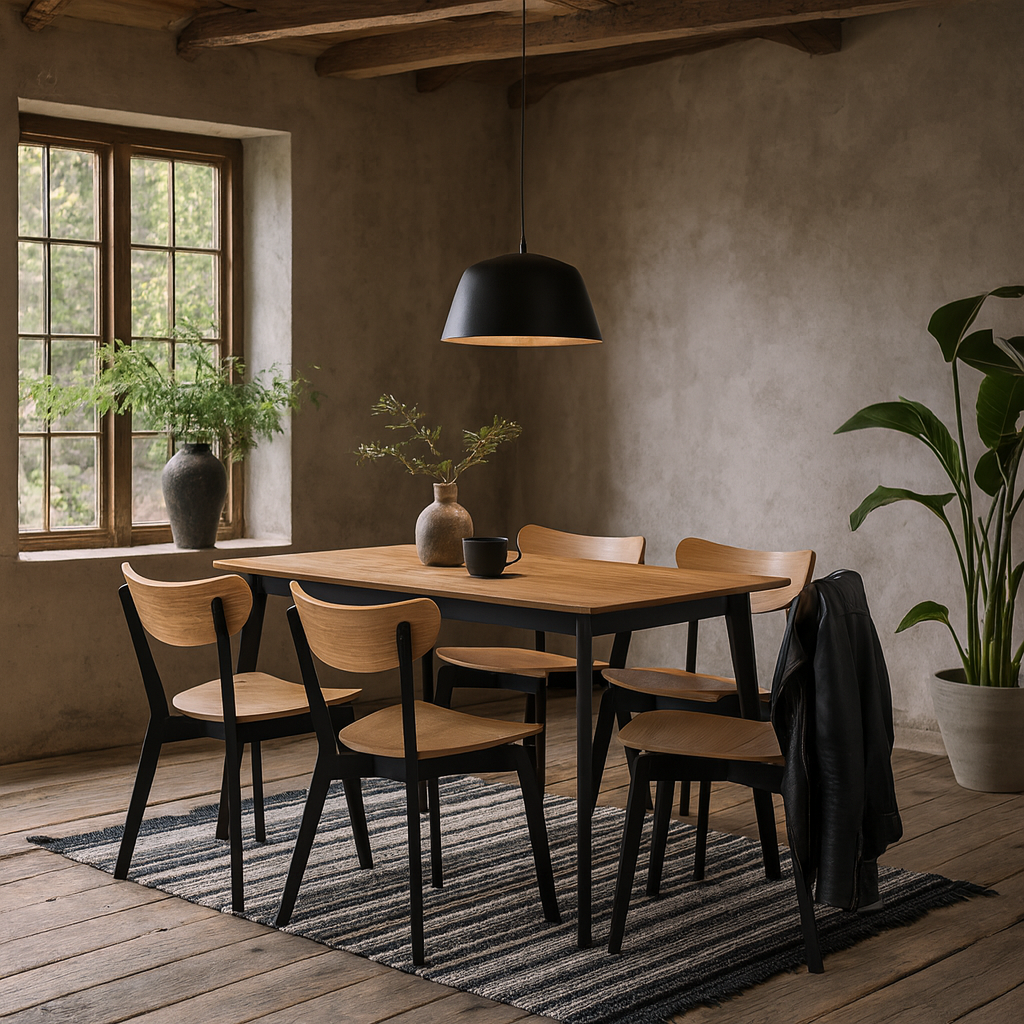 Krakow Dining Set Natural Oak Effect and Black Rectangular Dining Table + 4 Dining Chairs