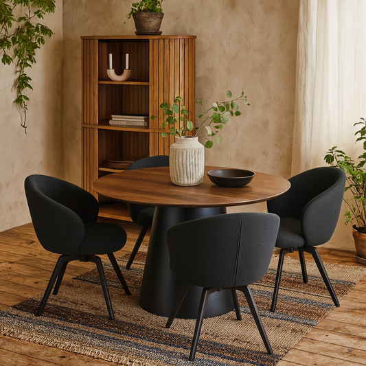 Auckland 120cm Dining Set Natural Oak Effect and Black Round Dining Table + 4 Black Dining Chair