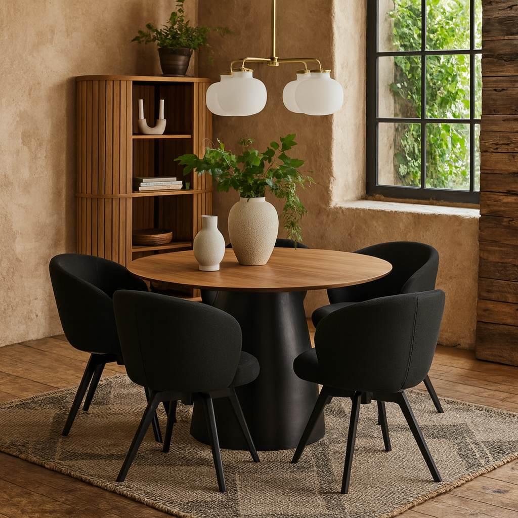 Auckland 120cm Dining Set Natural Oak Effect and Black Round Dining Table + 4 Black Dining Chair