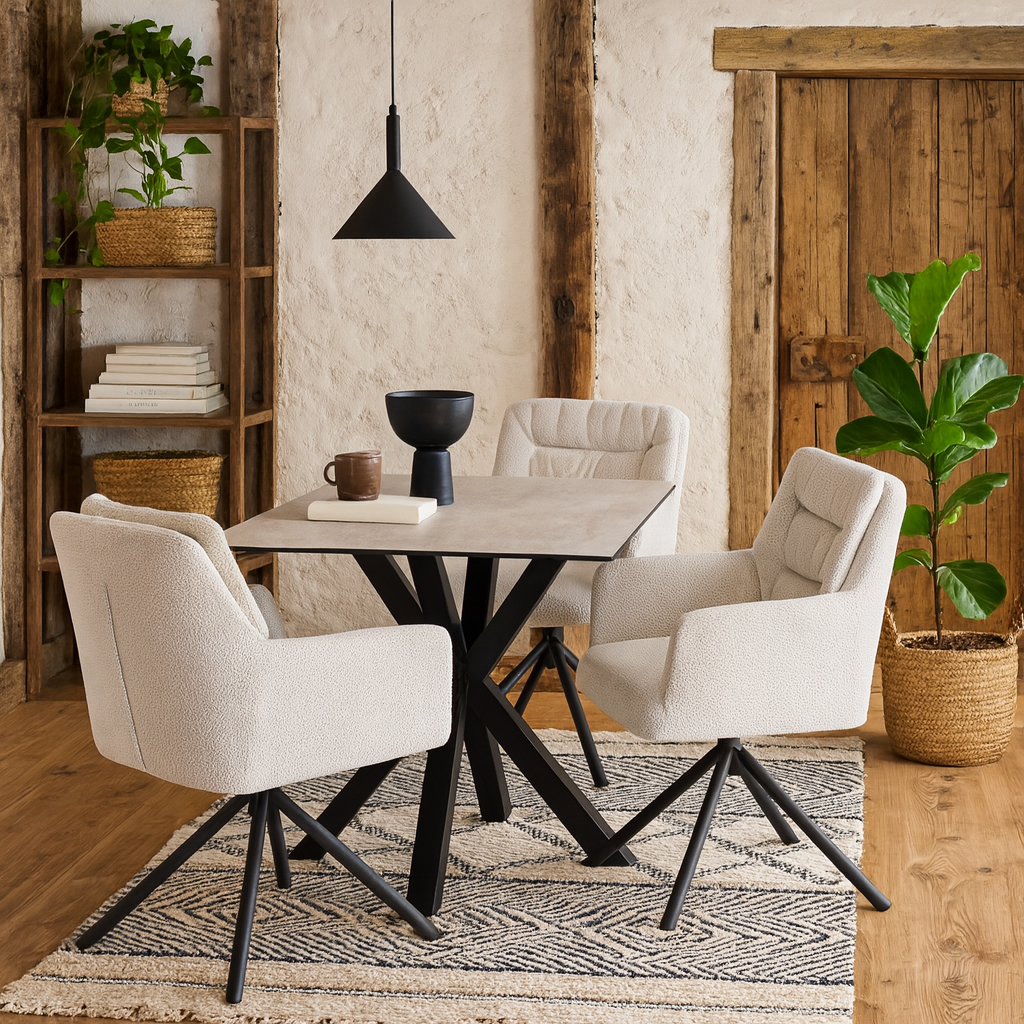 Perth Dining Set 4 Seater White and Black Ceramic Dining Table + 4 Cream Dining Chairs