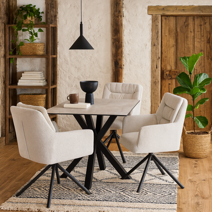 Perth Dining Set 4 Seater White and Black Ceramic Dining Table + 4 Cream Dining Chairs