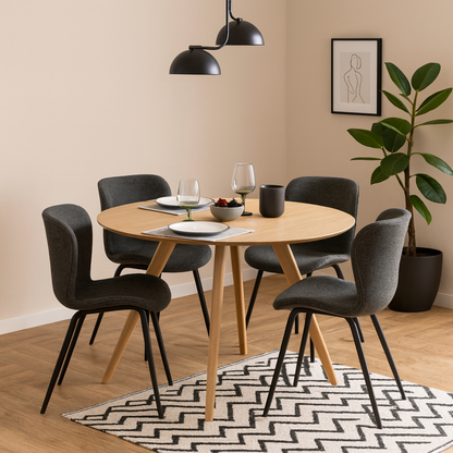 Hamilton Dining Set Round Natural Oak Effect Wooden Dining Table + 4 Grey Fabric Dining Chairs