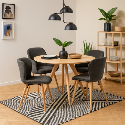 Hamilton Dining Set Round Natural Oak Effect Wooden Dining Table + 4 Grey Fabric Dining Chairs