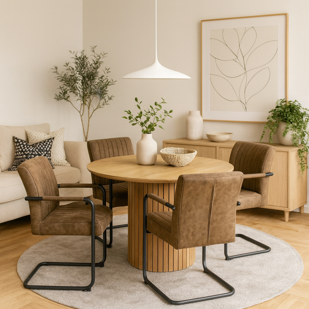 Rome Dining Set Round Wild Oak Effect Dining Table + 4 Light Brown Fabric Dining Chairs