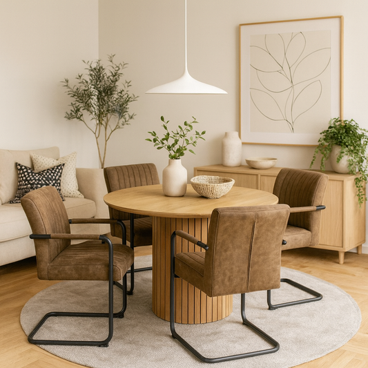 Rome Dining Set Round Wild Oak Effect Dining Table + 4 Light Brown Fabric Dining Chairs