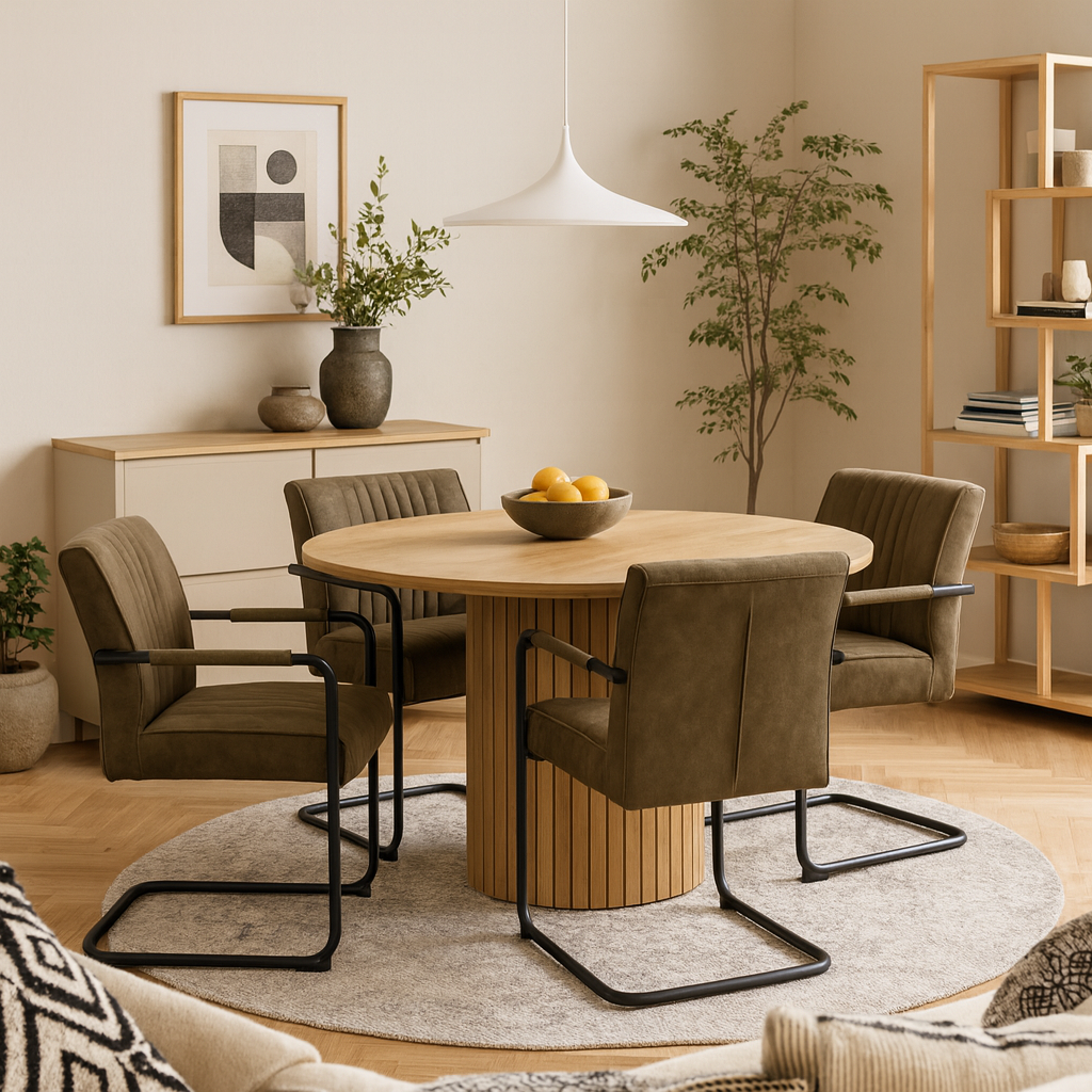 Rome Dining Set Round Wild Oak Effect Dining Table + 4 Light Brown Fabric Dining Chairs