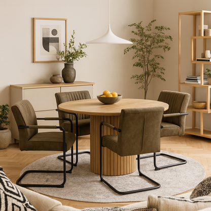 Rome Dining Set Round Wild Oak Effect Dining Table + 4 Light Brown Fabric Dining Chairs