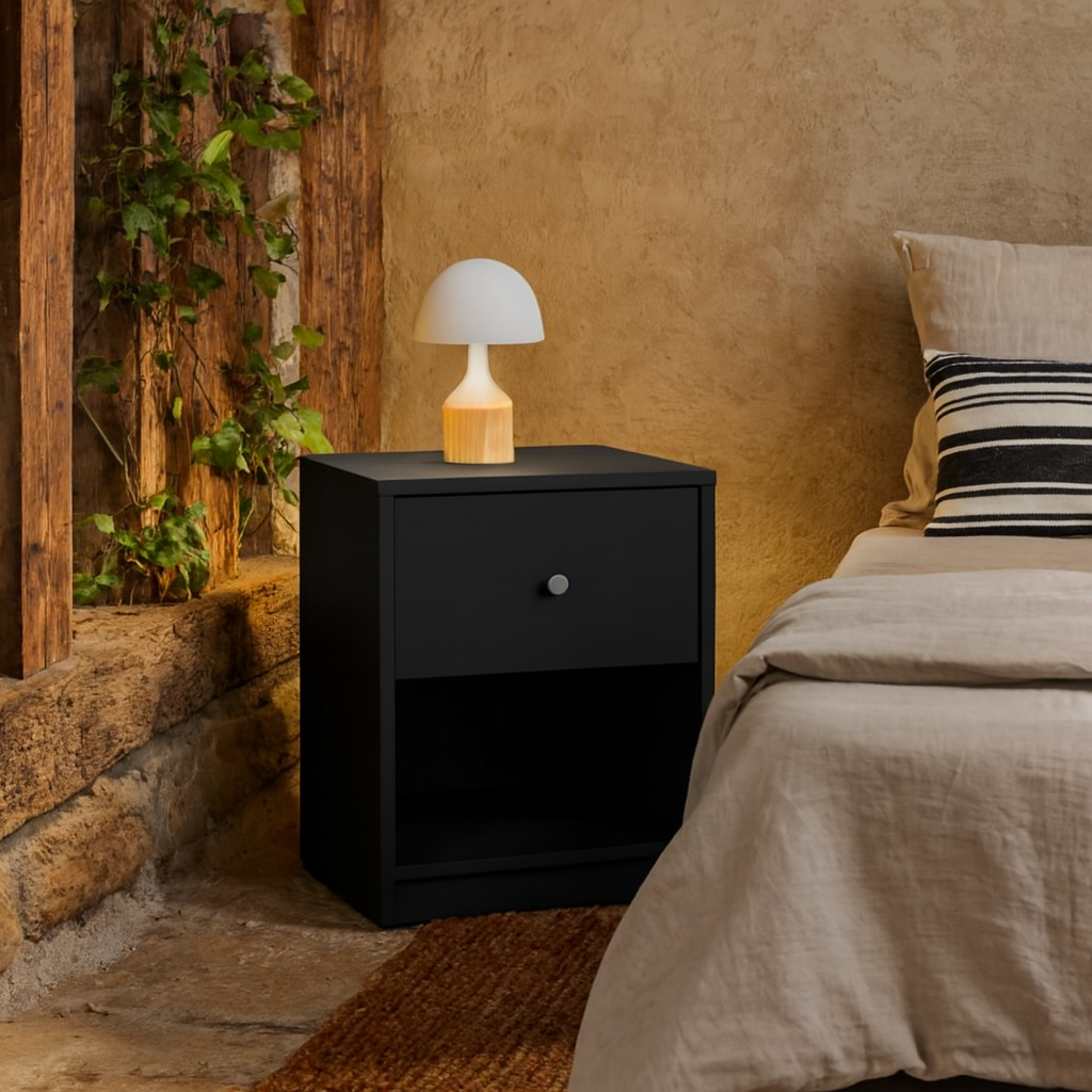 Tainan Black Bedside Table 1 Drawer 1 Shelf