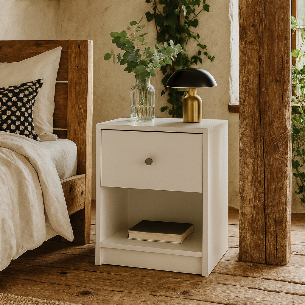 Tainan White Bedside Table 1 Drawer 1 Shelf