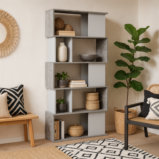 Taichung Concrete Effect and White Asymmetrical Bookcase 5 Shelves