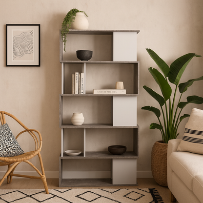 Taichung Concrete Effect and White Asymmetrical Bookcase 5 Shelves