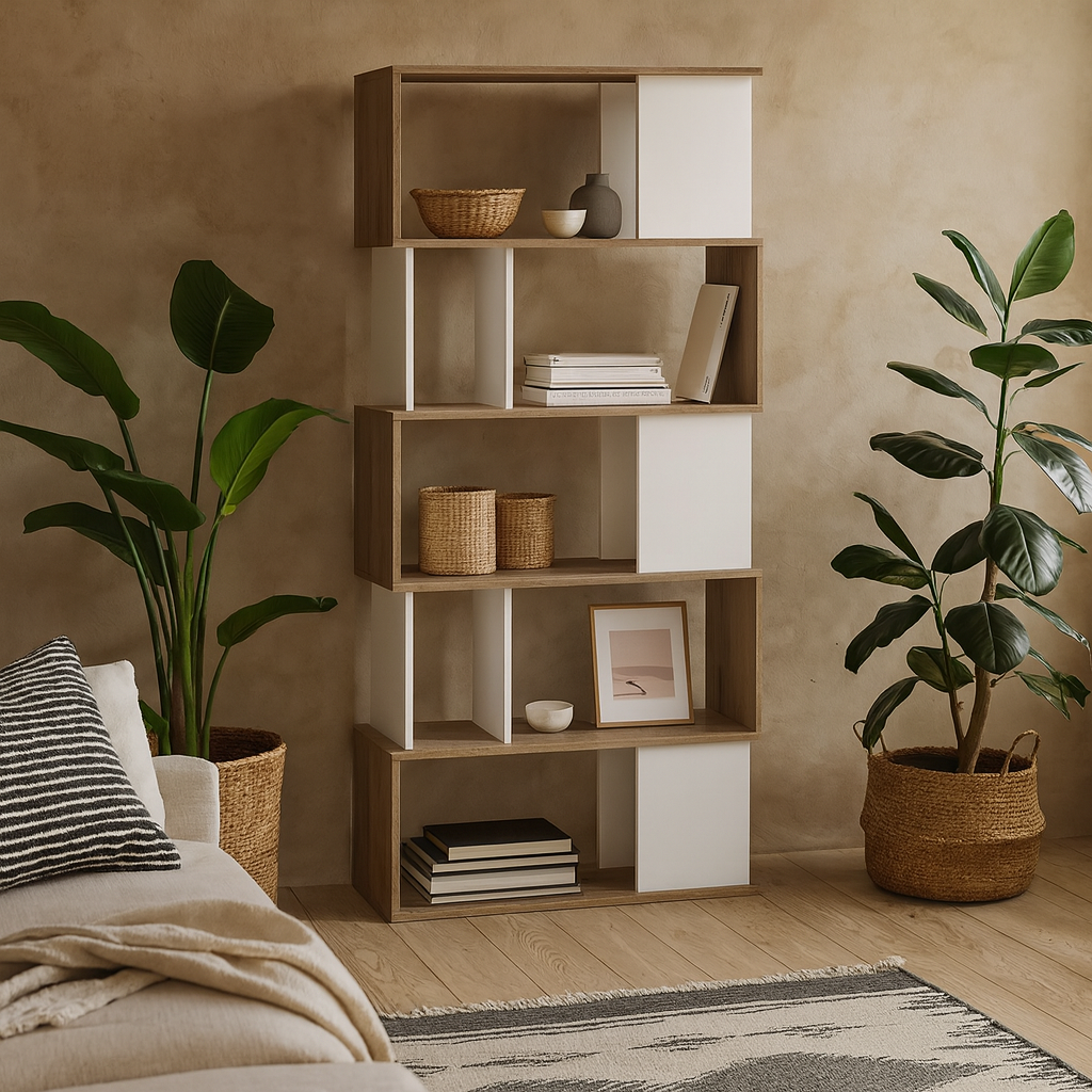 Taichung Hickory Wood Effect and White Asymmetrical Bookcase 5 Shelves