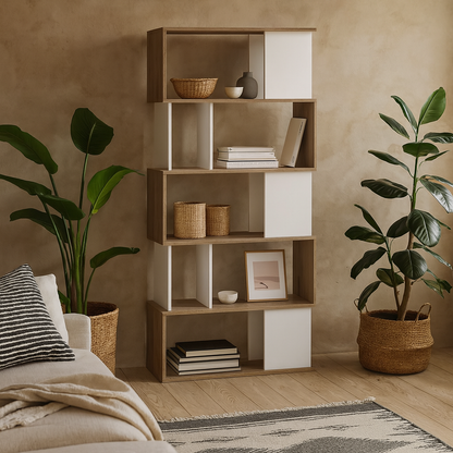 Taichung Hickory Wood Effect and White Asymmetrical Bookcase 5 Shelves