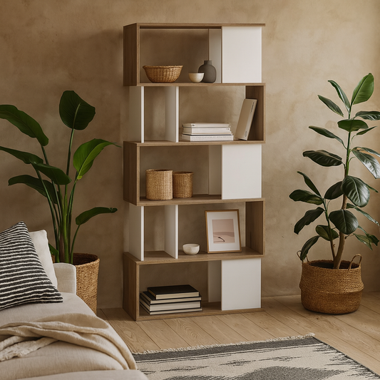 Taichung Hickory Wood Effect and White Asymmetrical Bookcase 5 Shelves