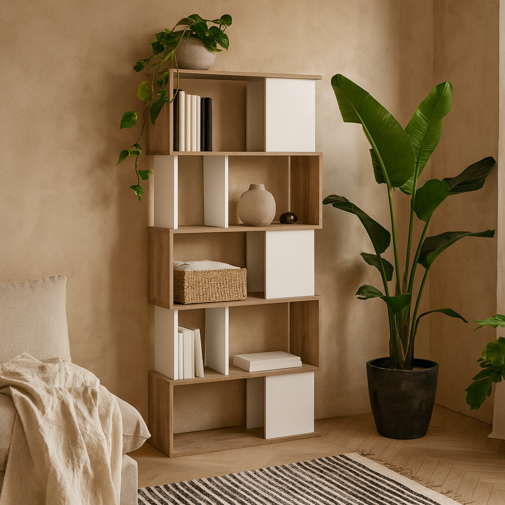 Taichung Hickory Wood Effect and White Asymmetrical Bookcase 5 Shelves