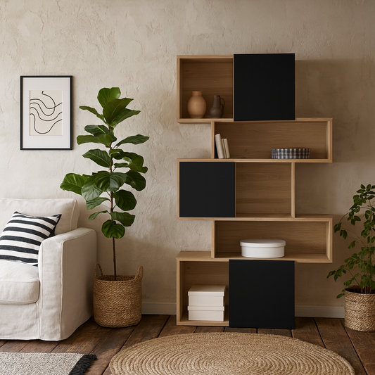 Taichung Hickory Wood Effect and Black Asymmetrical Bookcase 5 Shelves