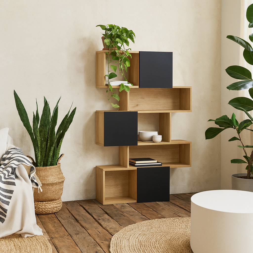 Taichung Hickory Wood Effect and Black Asymmetrical Bookcase 5 Shelves