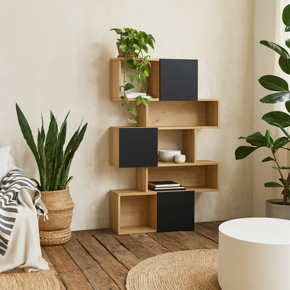 Taichung Hickory Wood Effect and Black Asymmetrical Bookcase 5 Shelves