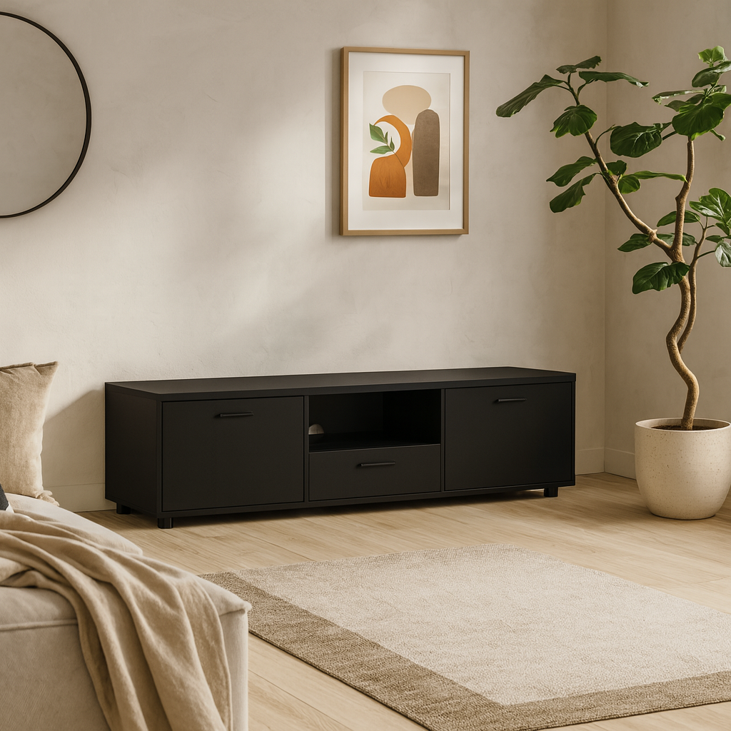 Nagoya Black Low Compact Media TV Unit 2 Doors 1 Drawer 1 Shelf