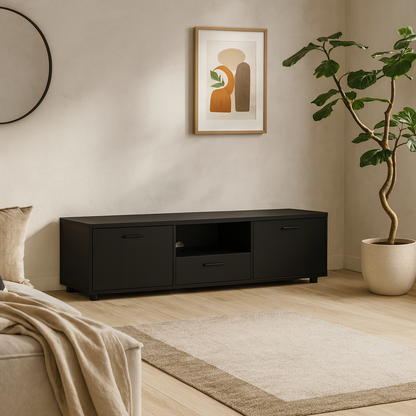 Nagoya Black Low Compact Media TV Unit 2 Doors 1 Drawer 1 Shelf